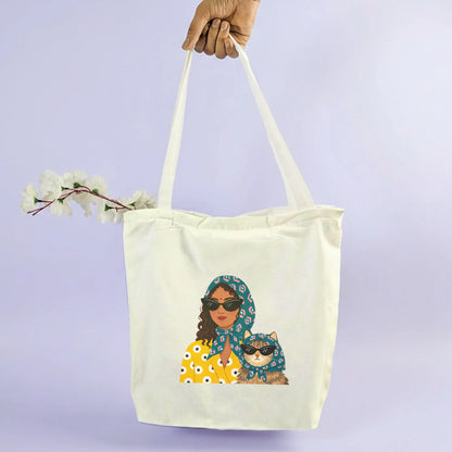 Canvas Tote Bag for Men & Women | 220 GSM Cotton, Premium Zipper, Coin Pouch| Cat Lady