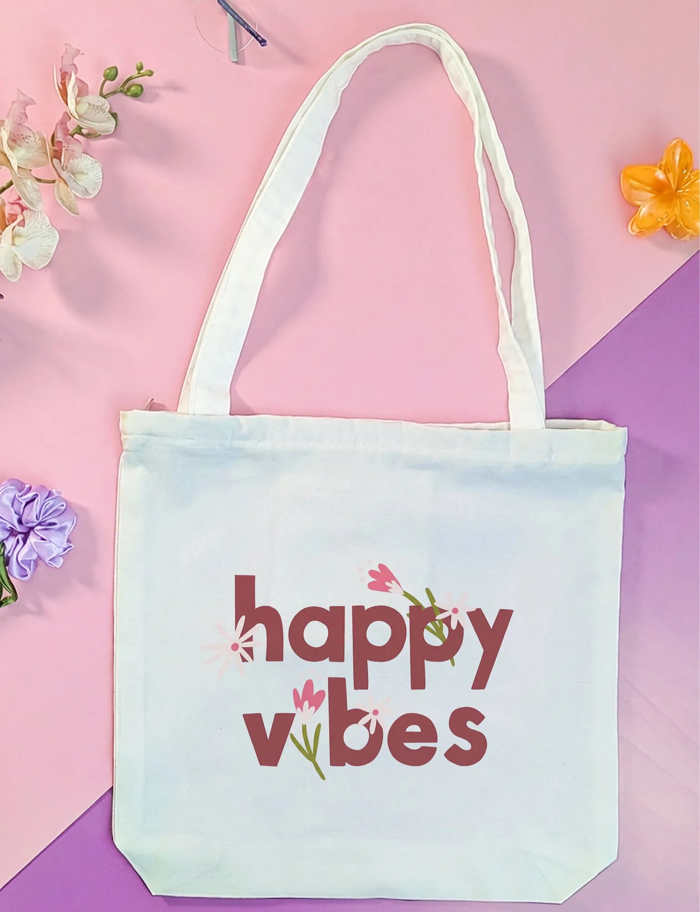 Canvas Tote Bag for Men & Women | 220 GSM Cotton, Premium Zipper, Coin Pouch| Happy Vibes