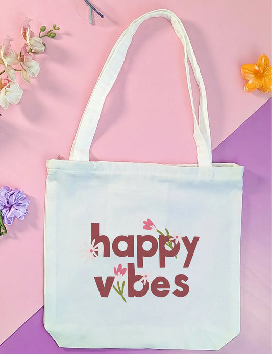 Canvas Tote Bag for Men & Women | 220 GSM Cotton, Premium Zipper, Coin Pouch| Happy Vibes