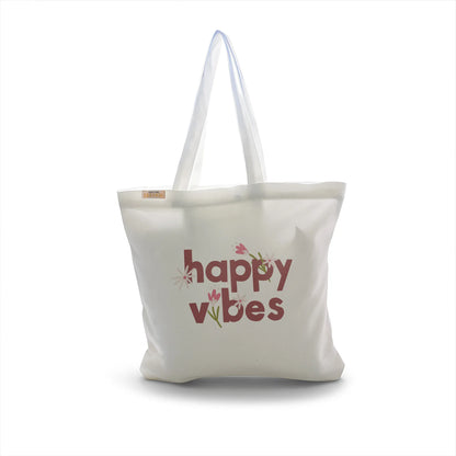 Canvas Tote Bag for Men & Women | 220 GSM Cotton, Premium Zipper, Coin Pouch| Happy Vibes