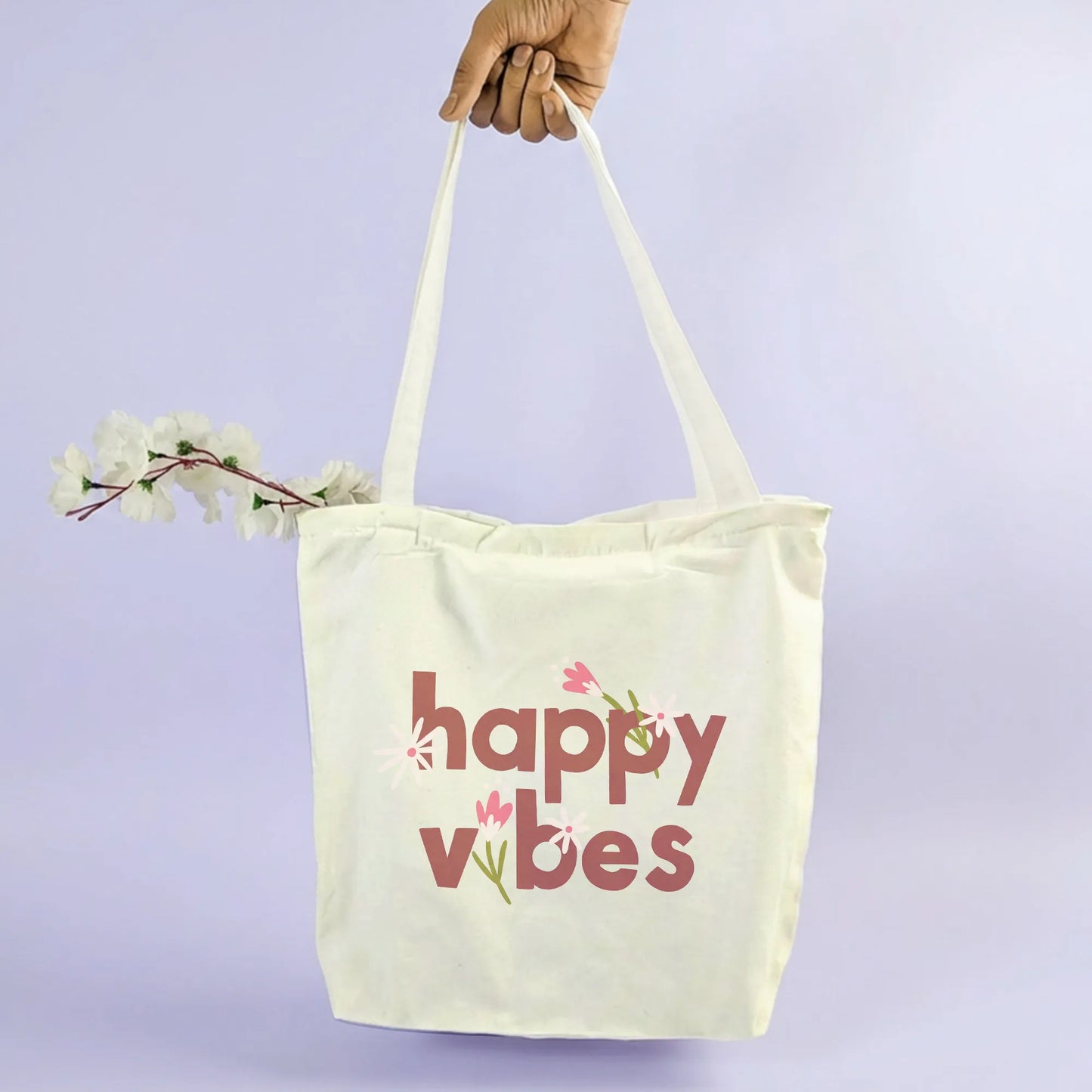 Canvas Tote Bag for Men & Women | 220 GSM Cotton, Premium Zipper, Coin Pouch| Happy Vibes
