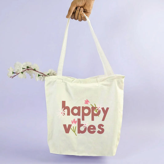 Canvas Tote Bag for Men & Women | 220 GSM Cotton, Premium Zipper, Coin Pouch| Happy Vibes