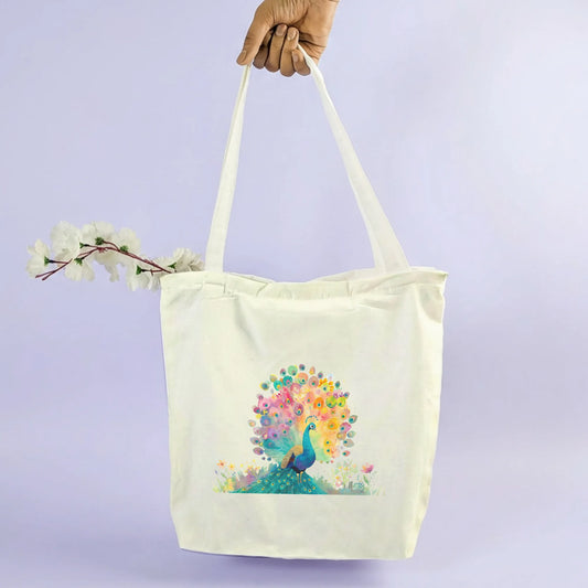 Canvas Tote Bag for Men & Women | 220 GSM Cotton, Premium Zipper, Coin Pouch| Peacock