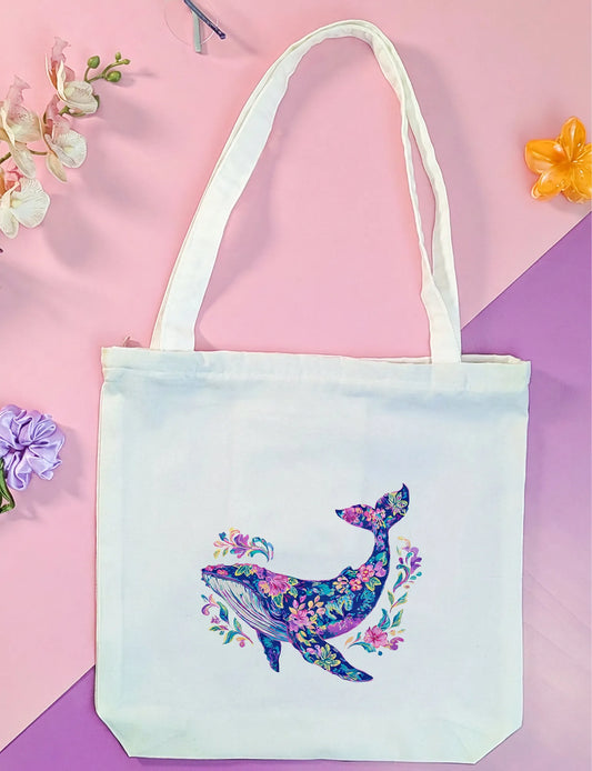 Canvas Tote Bag for Men & Women | 220 GSM Cotton, Premium Zipper, Coin Pouch| Blue Whale