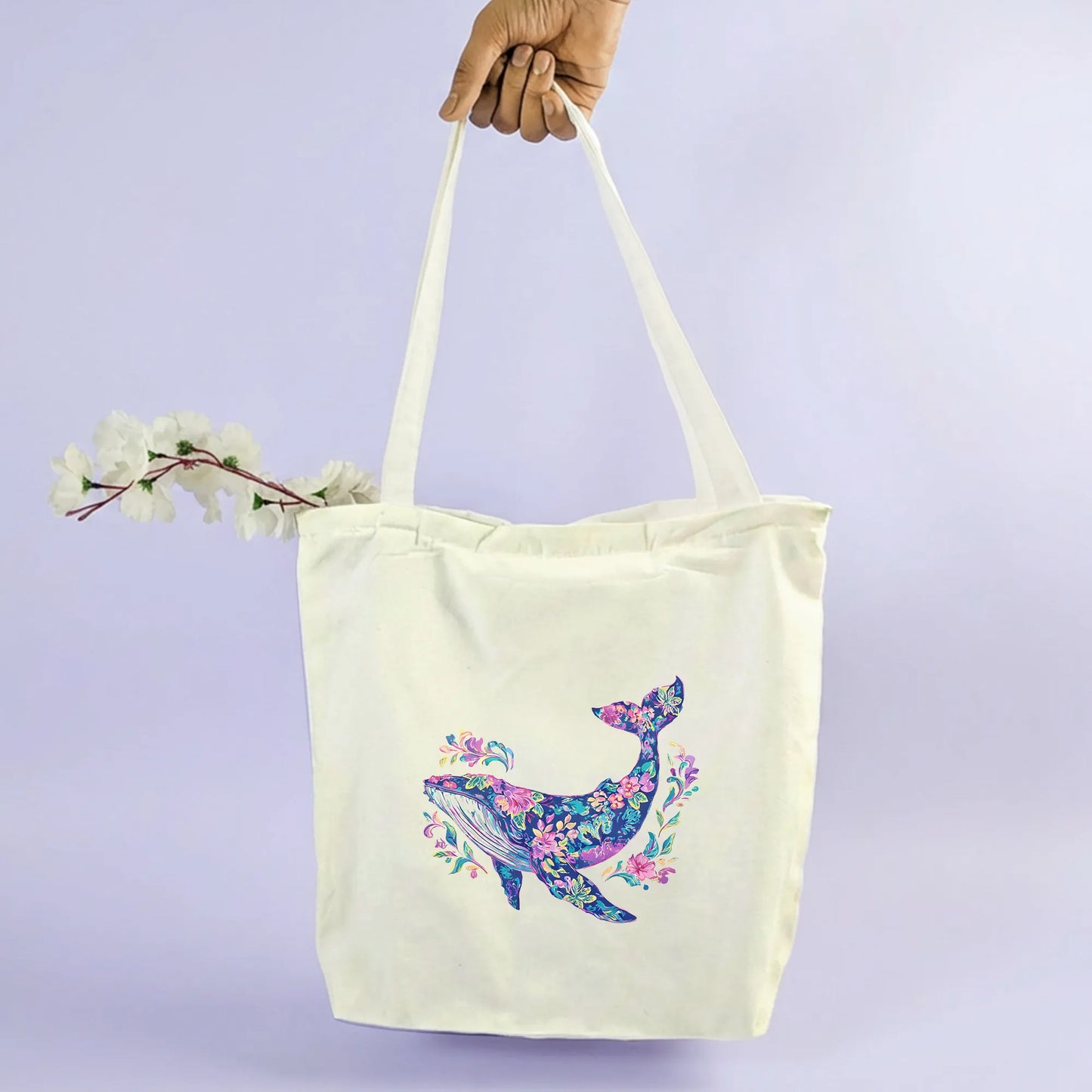 Canvas Tote Bag for Men & Women | 220 GSM Cotton, Premium Zipper, Coin Pouch| Blue Whale