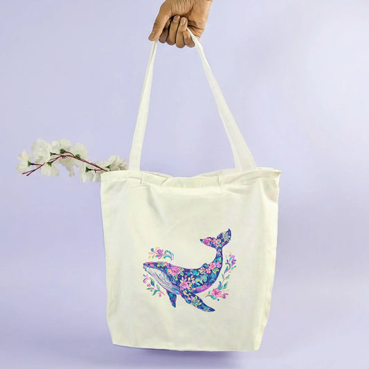 Canvas Tote Bag for Men & Women | 220 GSM Cotton, Premium Zipper, Coin Pouch| Blue Whale
