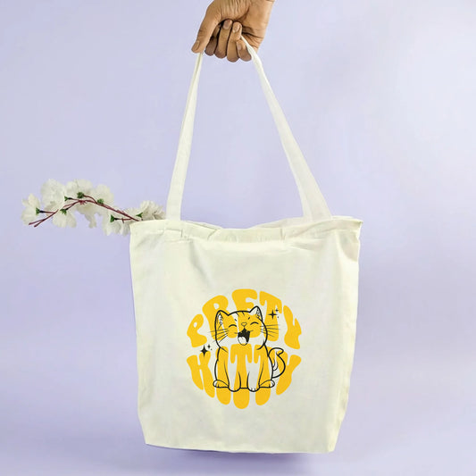 Canvas Tote Bag for Men & Women | 220 GSM Cotton, Premium Zipper, Coin Pouch| Boss Kitty