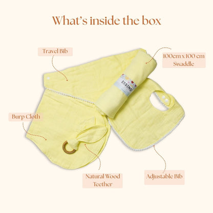 Newborn Baby Gift Hamper | 100% Muslin Cotton Essentials Set with Swaddle, Bibs, Burp Cloth & Teether | Baby Shower Gift Basket for Boys & Girls (Yellow)