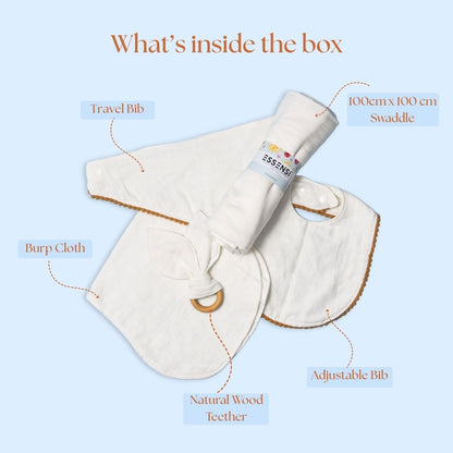 Newborn Baby Gift Hamper | 100% Muslin Cotton Essentials Set with Swaddle, Bibs, Burp Cloth & Teether | Baby Shower Gift Basket for Boys & Girls (White)