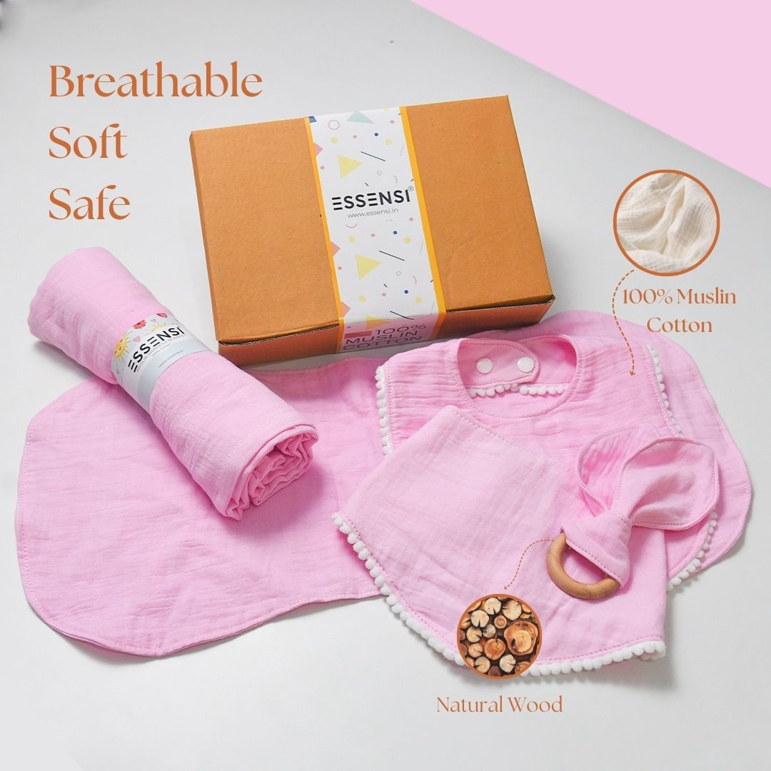 Newborn Baby Gift Hamper | 100% Muslin Cotton Essentials Set with Swaddle, Bibs, Burp Cloth & Teether | Baby Shower Gift Basket for Boys & Girls (Pink)