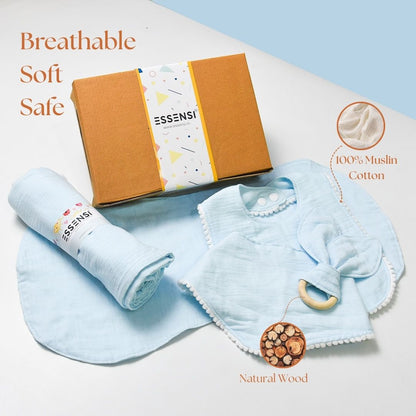 Newborn Baby Gift Hamper | 100% Muslin Cotton Essentials Set with Swaddle, Bibs, Burp Cloth & Teether | Baby Shower Gift Basket for Boys & Girls (Blue)