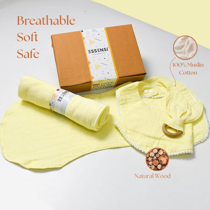 Newborn Baby Gift Hamper | 100% Muslin Cotton Essentials Set with Swaddle, Bibs, Burp Cloth & Teether | Baby Shower Gift Basket for Boys & Girls (Yellow)