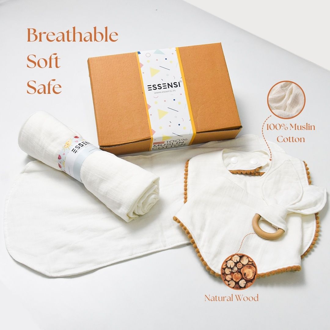 Newborn Baby Gift Hamper | 100% Muslin Cotton Essentials Set with Swaddle, Bibs, Burp Cloth & Teether | Baby Shower Gift Basket for Boys & Girls (White)