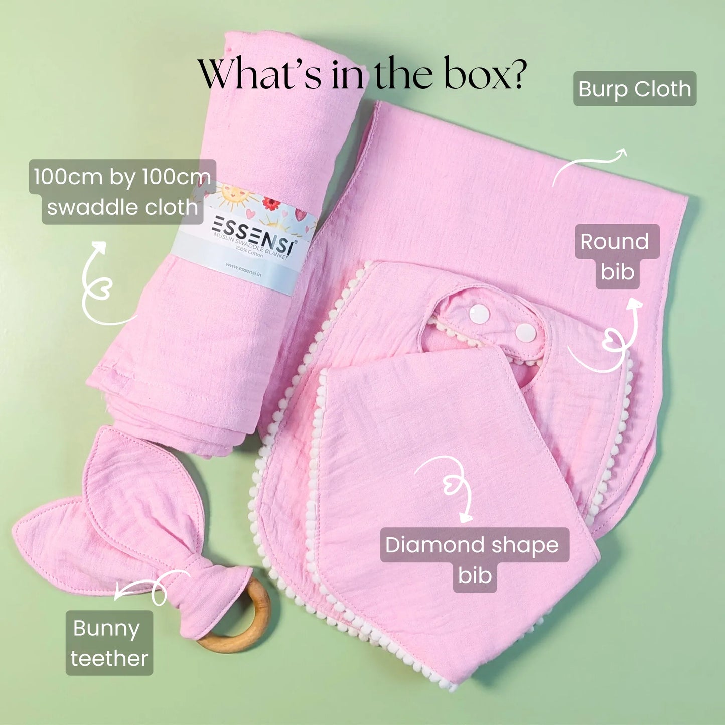 Newborn Baby Gift Hamper | 100% Muslin Cotton Essentials Set with Swaddle, Bibs, Burp Cloth & Teether | Baby Shower Gift Basket for Boys & Girls (Pink)