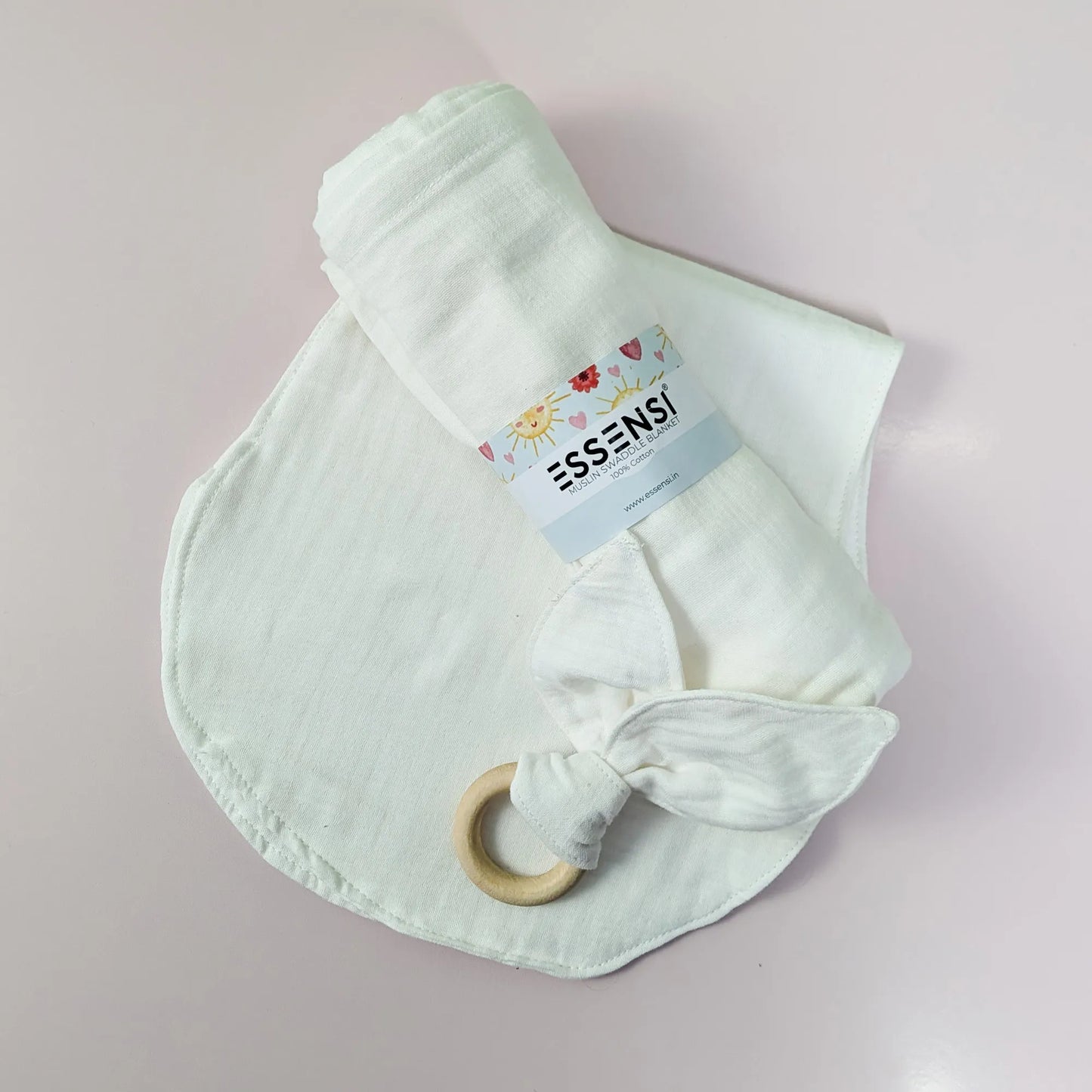 Newborn Baby Gift Hamper | 100% Muslin Cotton Essentials Set with Swaddle, Bibs, Burp Cloth & Teether | Baby Shower Gift Basket for Boys & Girls (White)