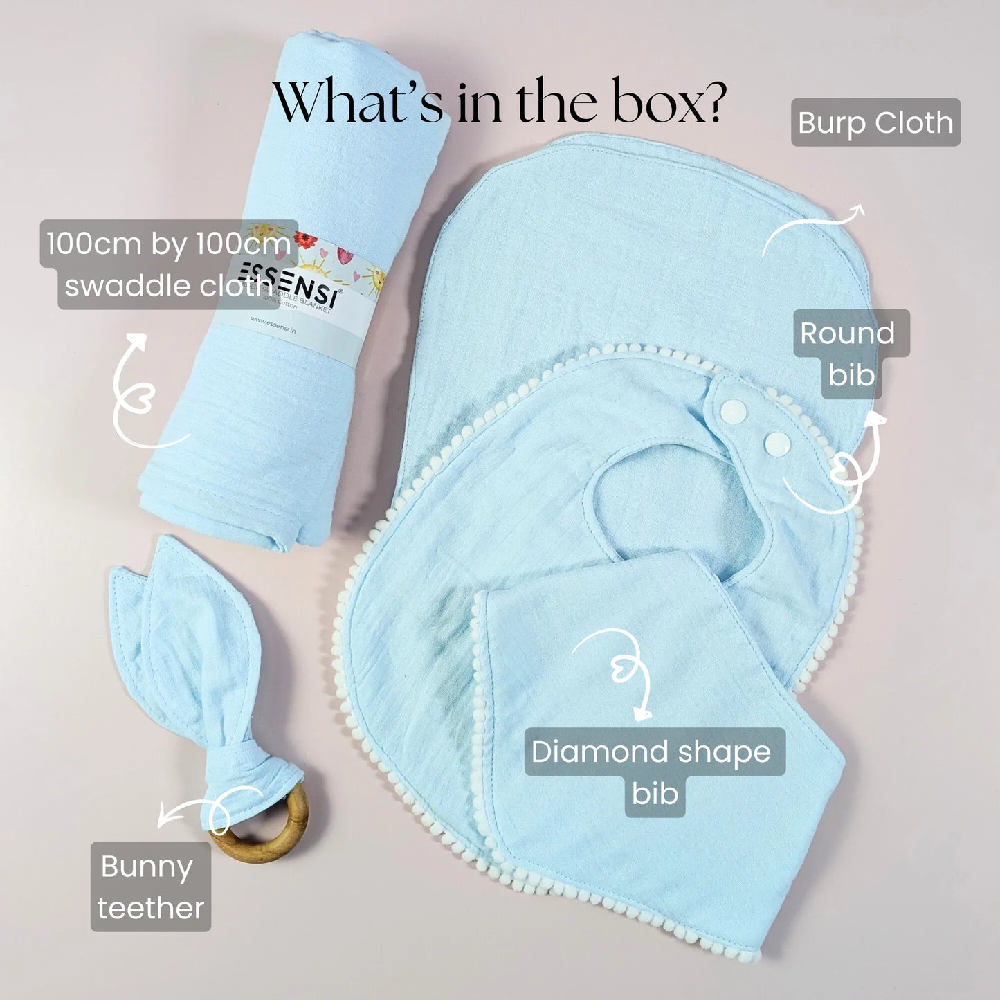 Newborn Baby Gift Hamper | 100% Muslin Cotton Essentials Set with Swaddle, Bibs, Burp Cloth & Teether | Baby Shower Gift Basket for Boys & Girls (Blue)