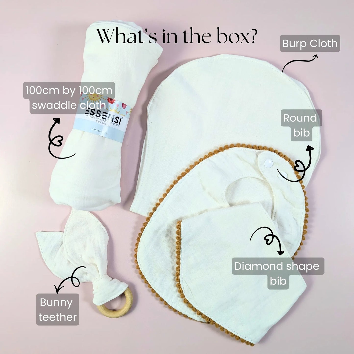 Newborn Baby Gift Hamper | 100% Muslin Cotton Essentials Set with Swaddle, Bibs, Burp Cloth & Teether | Baby Shower Gift Basket for Boys & Girls (White)