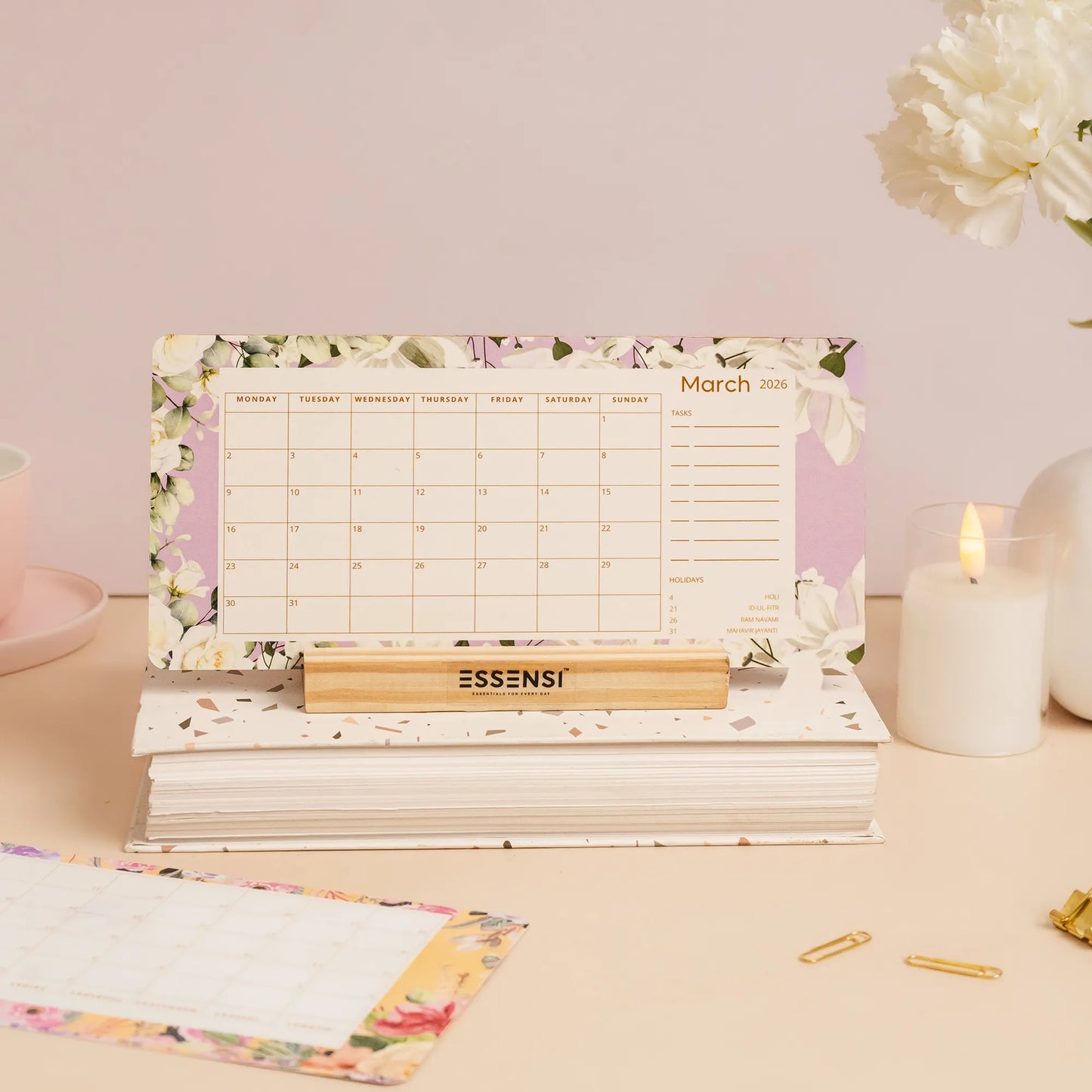 2026 Desk Calendar With Wooden Stand | For Home and Office | Floral