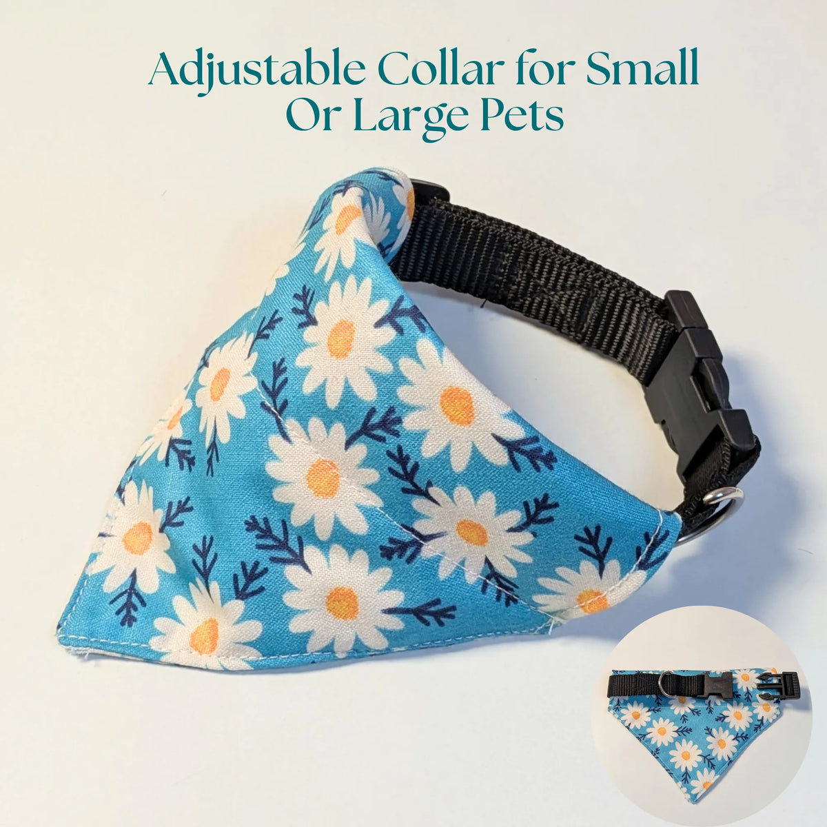 Dog & Cat Bandana with Collar, Adjustable Pet Scarf | Blue Daisy