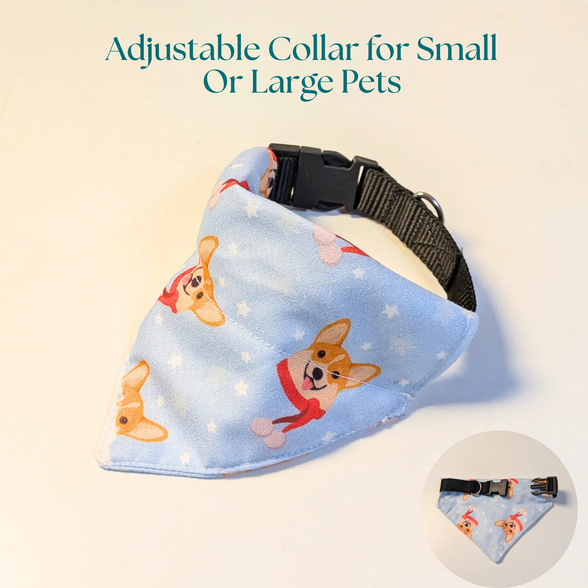 Dog & Cat Bandana with Collar, Adjustable Pet Scarf | Smiling Corgi