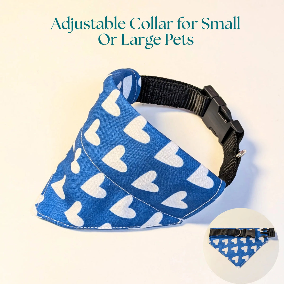 Dog & Cat Bandana with Collar, Adjustable Pet Scarf | Blue Hearts