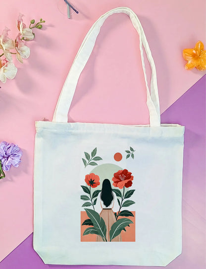 Canvas Tote Bag for Men & Women | 220 GSM Cotton, Premium Zipper, Coin Pouch (Garden Girl)