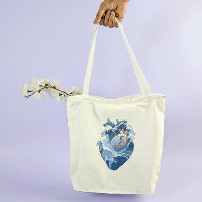 Canvas Tote Bag for Men & Women | 220 GSM Cotton, Premium Zipper, Coin Pouch| Blue Heart