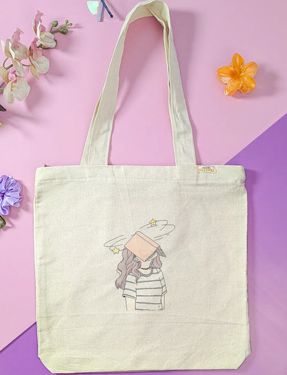 Canvas Tote Bag for Men & Women | 220 GSM Cotton, Premium Zipper, Coin Pouch (Book)