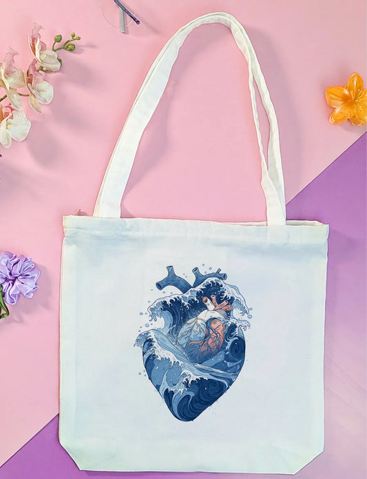 Canvas Tote Bag for Men & Women | 220 GSM Cotton, Premium Zipper, Coin Pouch| Blue Heart