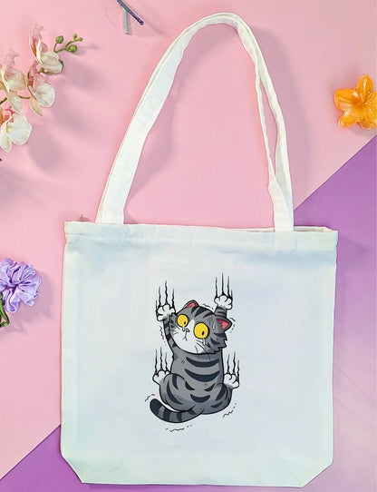 Canvas Tote Bag for Men & Women | 220 GSM Cotton, Premium Zipper, Coin Pouch (Cat)