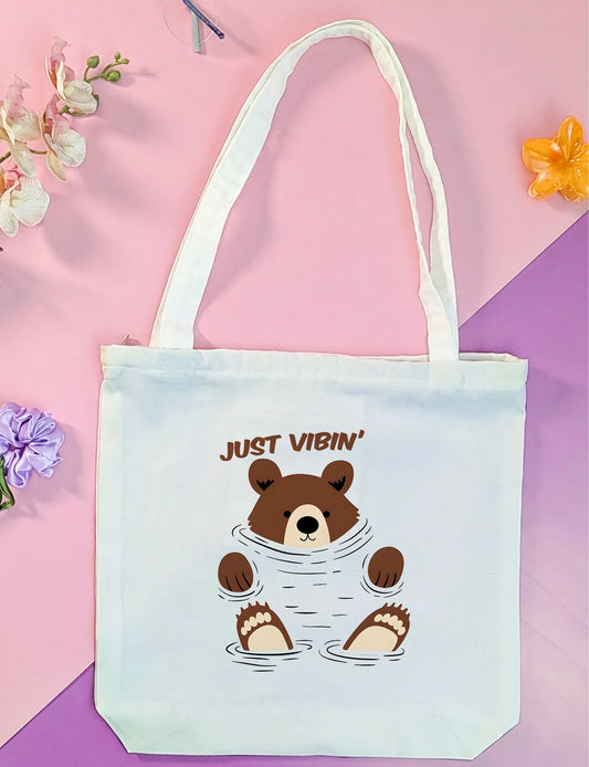 Canvas Tote Bag for Men & Women | 220 GSM Cotton, Premium Zipper, Coin Pouch (Bear Vibes)