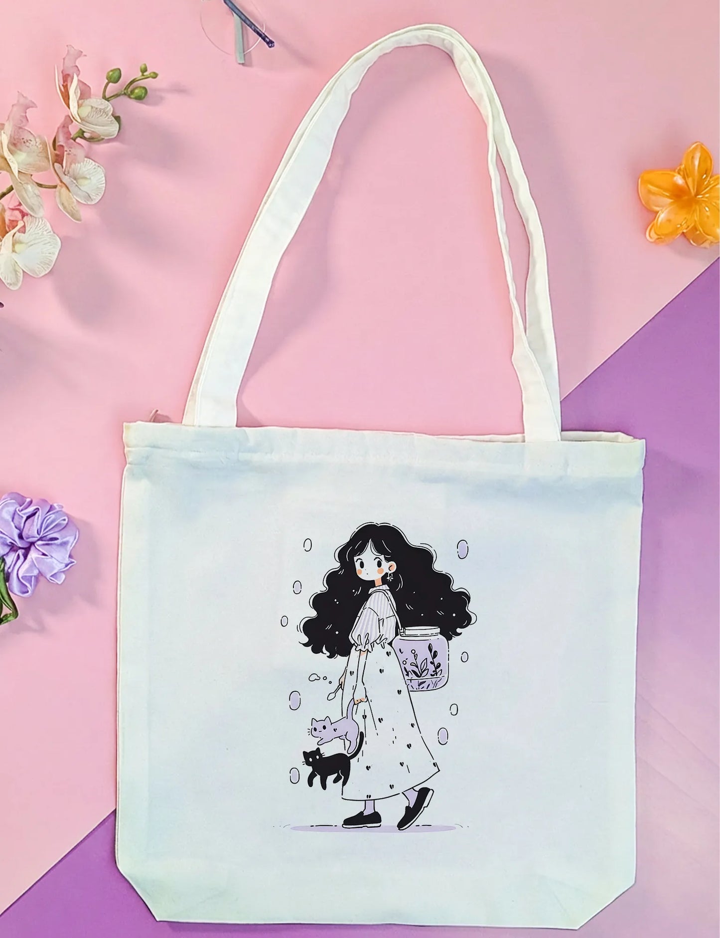 Canvas Tote Bag for Men & Women | 220 GSM Cotton, Premium Zipper, Coin Pouch (Curls)