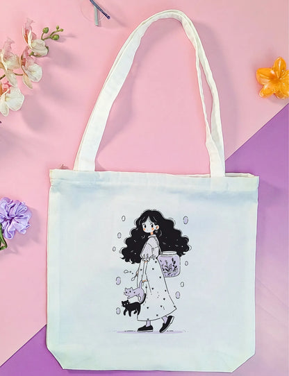 Canvas Tote Bag for Men & Women | 220 GSM Cotton, Premium Zipper, Coin Pouch (Curls)