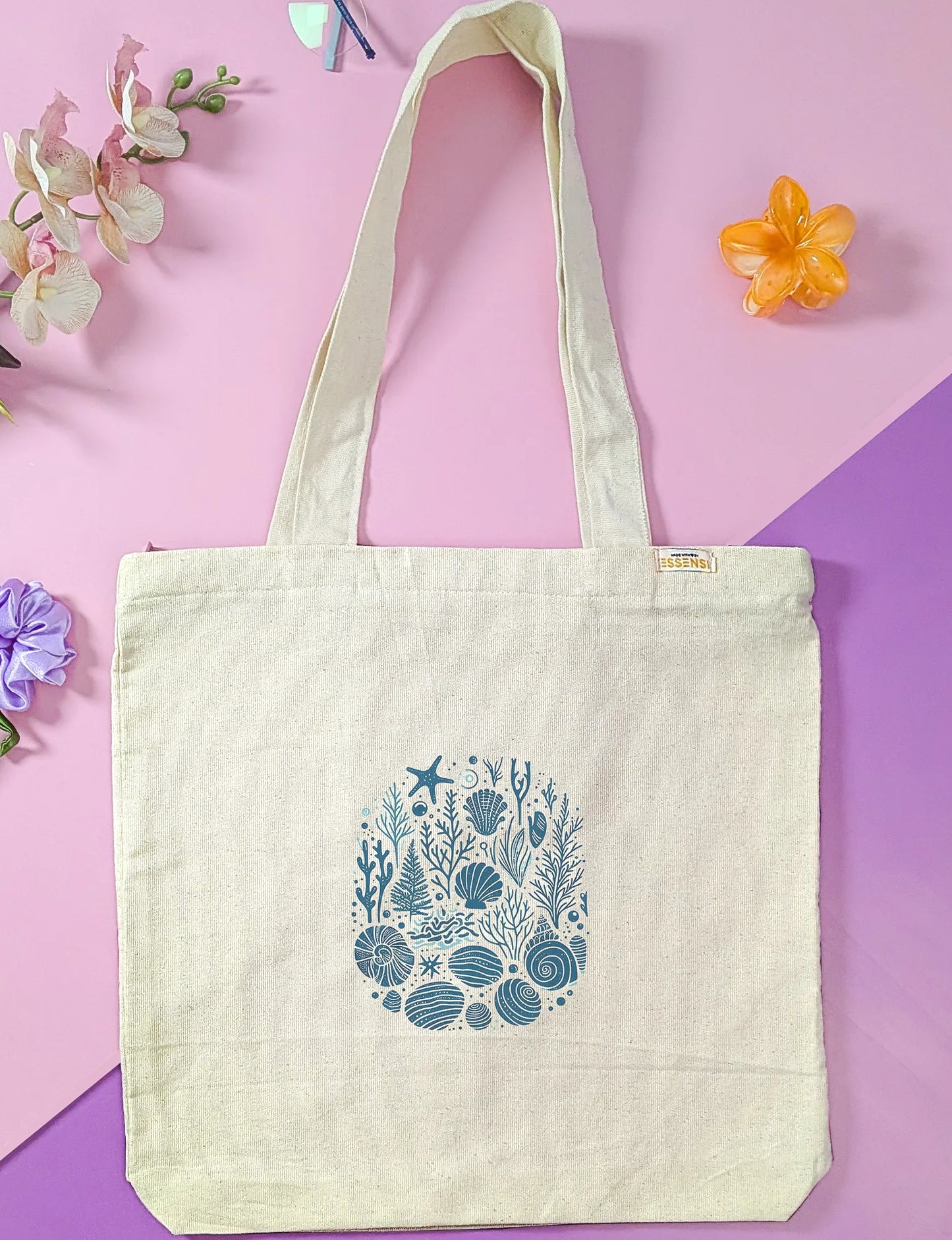 Canvas Tote Bag for Men & Women | 220 GSM Cotton, Premium Zipper, Coin Pouch (Seashells)
