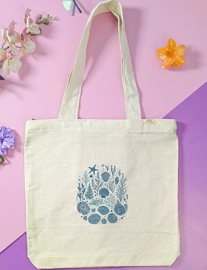Canvas Tote Bag for Men & Women | 220 GSM Cotton, Premium Zipper, Coin Pouch (Seashells)