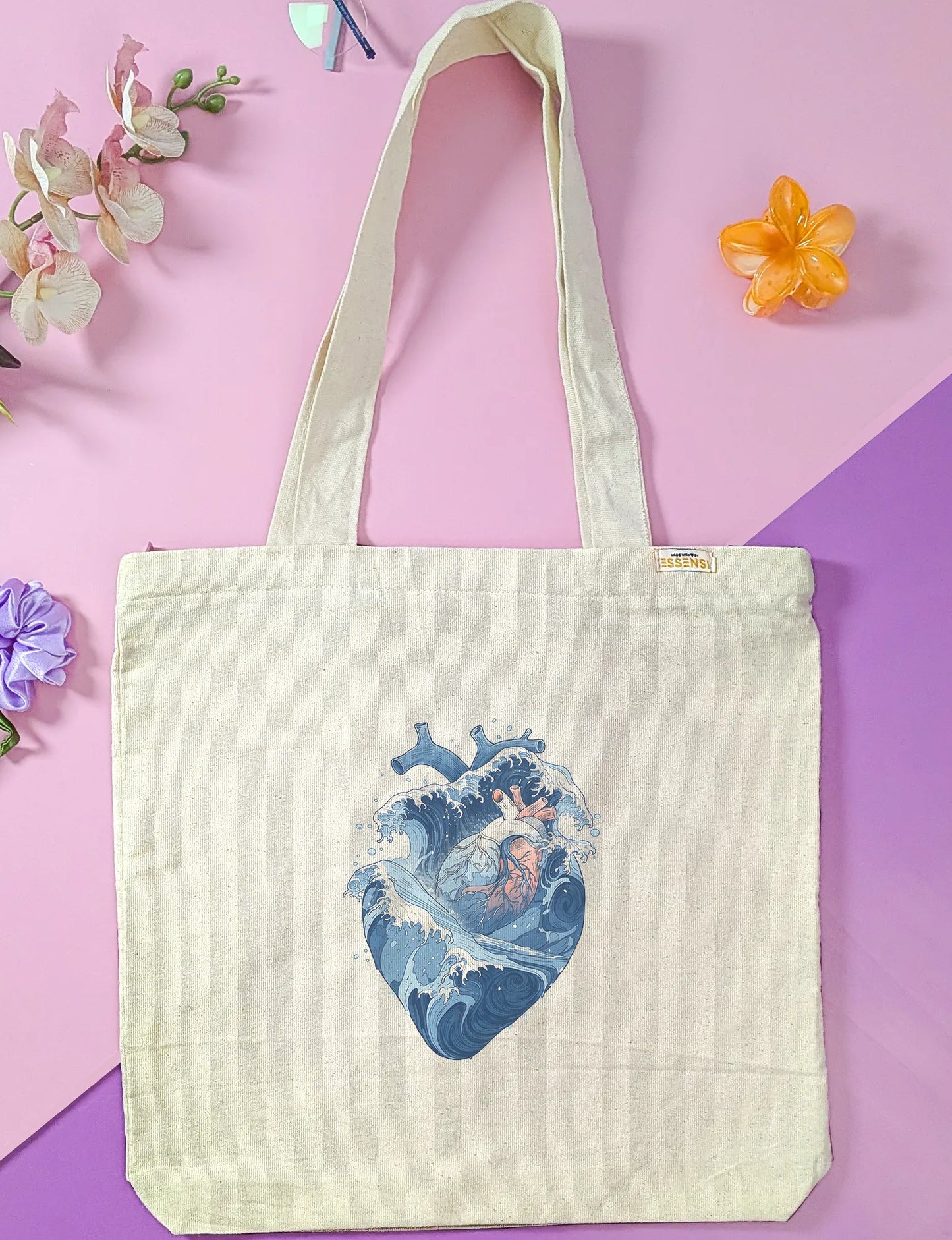 Canvas Tote Bag for Men & Women | 220 GSM Cotton, Premium Zipper, Coin Pouch| Blue Heart