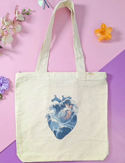 Canvas Tote Bag for Men & Women | 220 GSM Cotton, Premium Zipper, Coin Pouch| Blue Heart