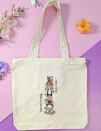 Canvas Tote Bag for Men & Women | 220 GSM Cotton, Premium Zipper, Coin Pouch (totoro)