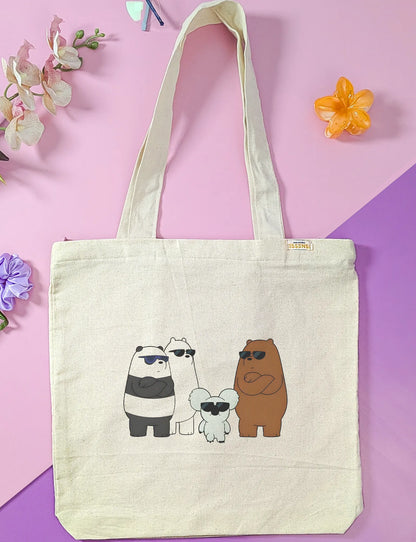 Canvas Tote Bag for Men & Women | 220 GSM Cotton, Premium Zipper, Coin Pouch (Bear)