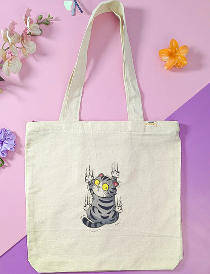 Canvas Tote Bag for Men & Women | 220 GSM Cotton, Premium Zipper, Coin Pouch (Cat)