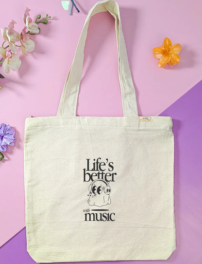 Canvas Tote Bag for Men & Women | 220 GSM Cotton, Premium Zipper, Coin Pouch (Music)