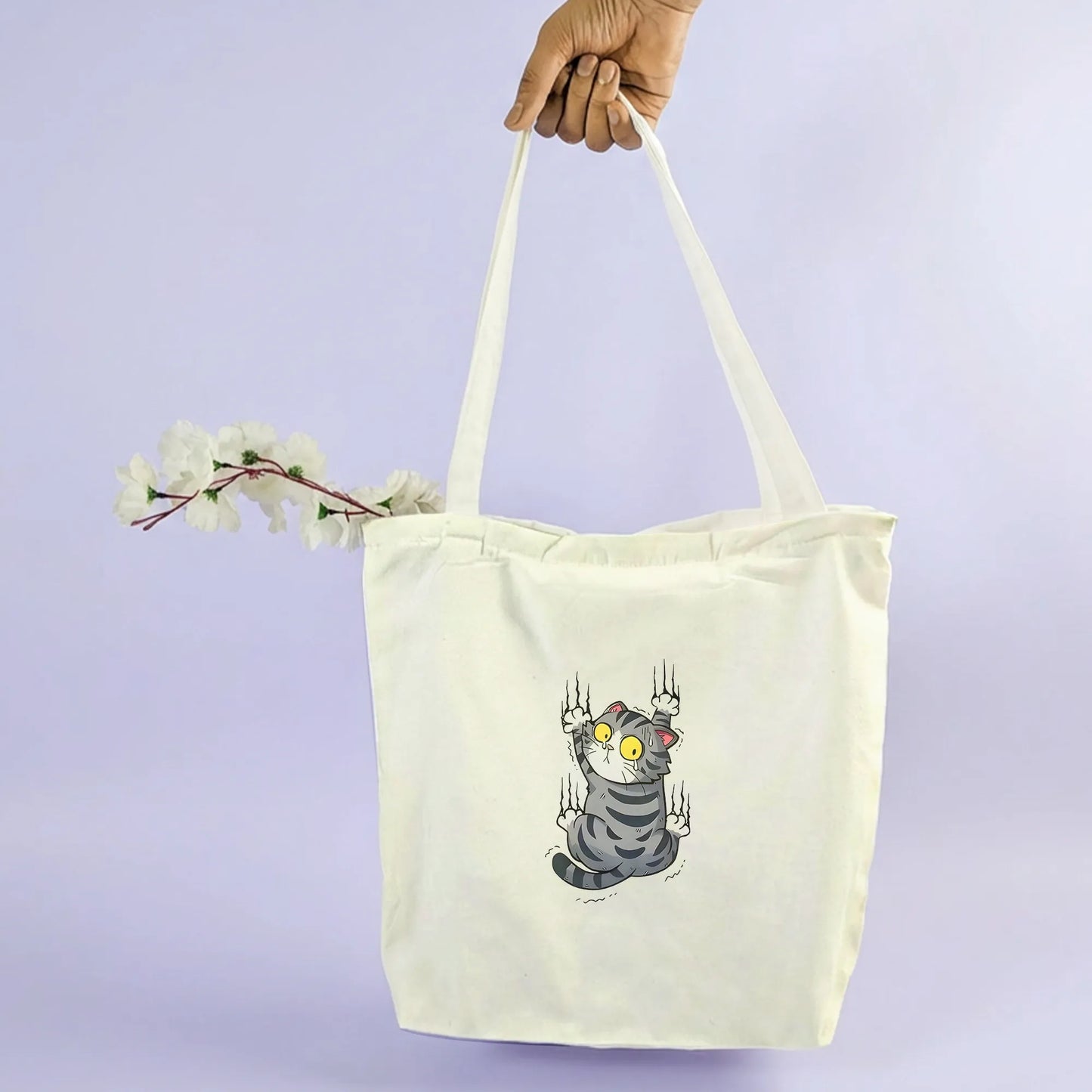 Canvas Tote Bag for Men & Women | 220 GSM Cotton, Premium Zipper, Coin Pouch (Cat)