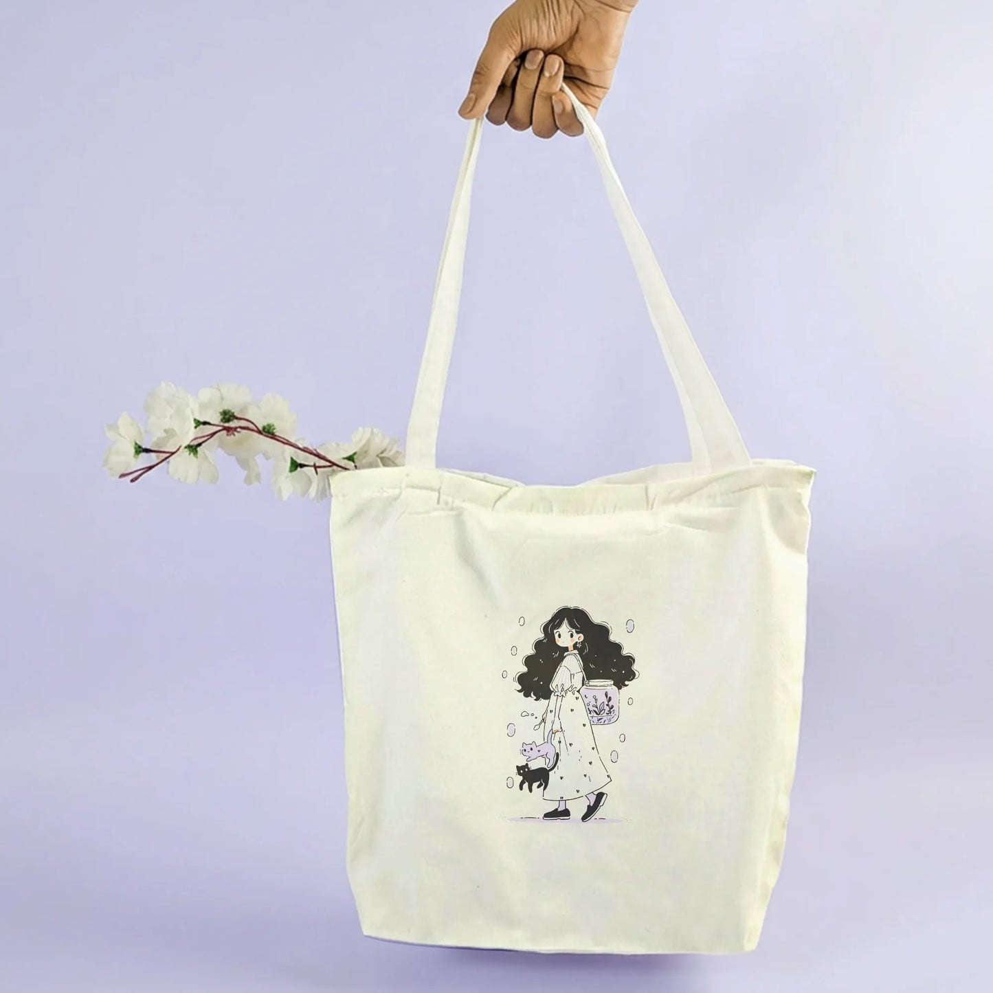 Canvas Tote Bag for Men & Women | 220 GSM Cotton, Premium Zipper, Coin Pouch (Curls)